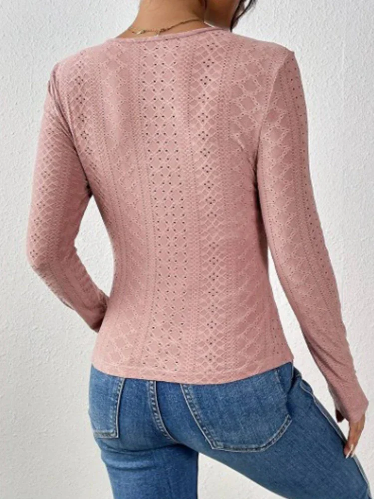 Solid Color Long Sleeve Jacquard Weave Blouse Lace Hollow Out V-neck Fashion Women Slim Shirts 2024 New Sexy Soft Women Shirts