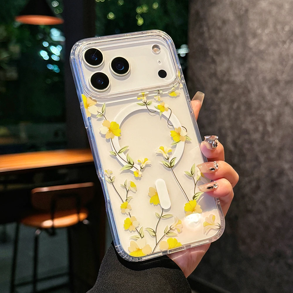 Luxuriöse Transparente Blumen-Magsafe-Handyhülle für iPhone 18 17 16 15 14 13 Pro Max 16E Magnetische Kabellose Ladefunktion Stoßfeste Hülle – Detail 6