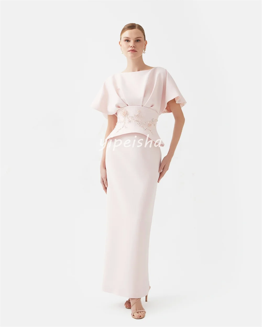 تخصيص رائعة عارضة جيرسي الديكور زهرة مطرزة مستقيم مغرفة الرقبة فساتين متوسطة الطول فساتين مناسبة مخصصة أنيقة