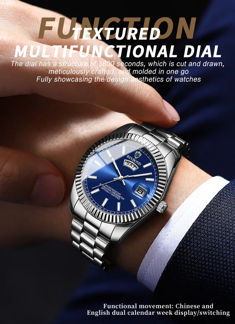 BINBOND Luxury Sport Wrist Watch For Man Waterproof Luminous Date Men Watch Quartz Stainless Steel Men's Watches Male Reloj
