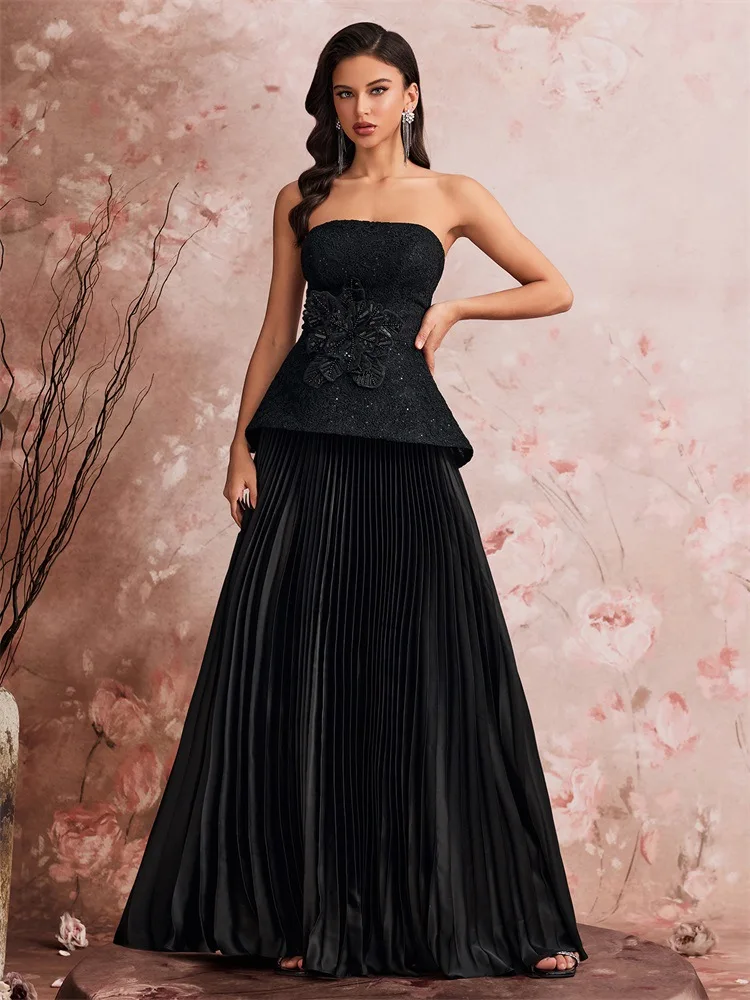 Middle East European and American Elegant Sequin Stitching Fit Bandeau One-Shoulder Cocktail Party Dinner Dress Bridesmaid Dress