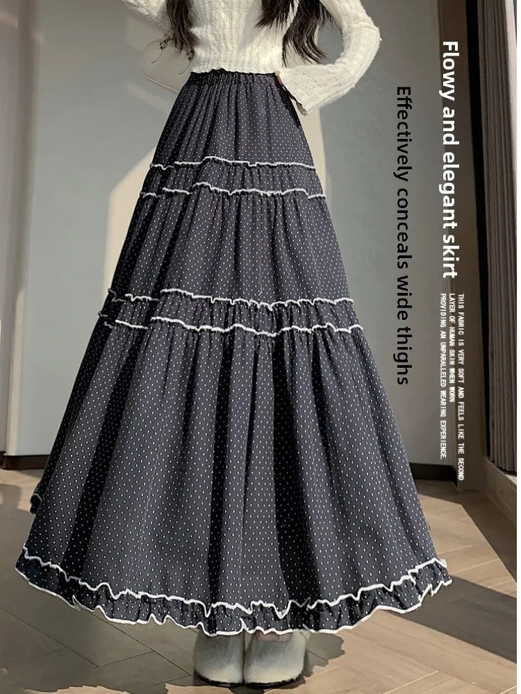 ارتفاع الخصر ألف خط f تنورة البولكا نقطة كعكة Sle الفتيات ربيع الخريف الشتاء النسخة الكورية الأزهار الدانتيل الربط تنورة