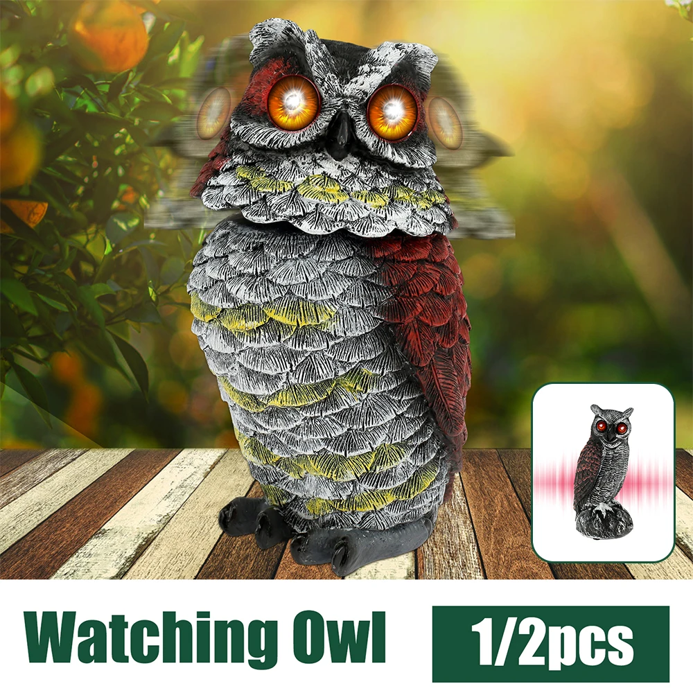 1/2Pcs Solar Owl Decoy Resin Pigeon Deterrent Owl Statue with Flashing Eyes and Rotating Head Garden Bird Scarer for Yard Lawn