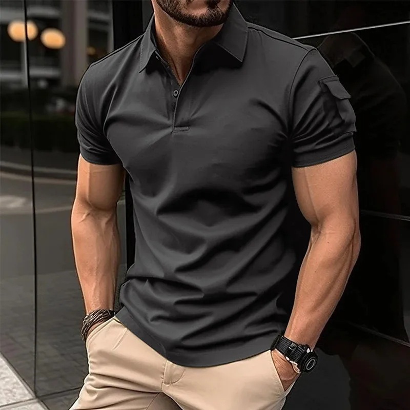 POLO de manga corta para hombre, camisa americana retro pesada, bolsillo en el brazo, personalidad de tendencia, Verano