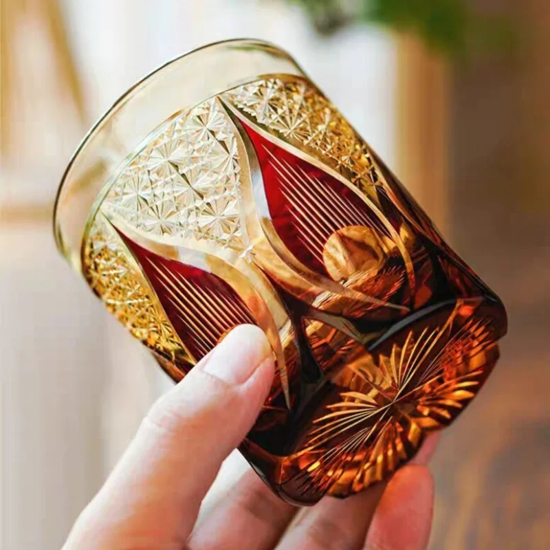 Handcrafted Edo Kiriko Colored Crystal Whisky Cup With Candle-light pattern Hand Cut Design Cocktail Glass With Gift Box 1PC