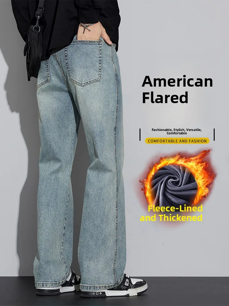 

Men's Fce Lined Thi Straight Leg Jeans Autumn Winter Casual Cotton Trousers mid Waist Zipper Fly Faionable Streetwear