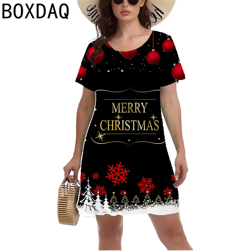 Nowa damska sukienka na imprezę świąteczną 3D Snowman Elk Printed Dress Summer Short Sleeve O-Neck A-Line Dress Vestidos De Mujer