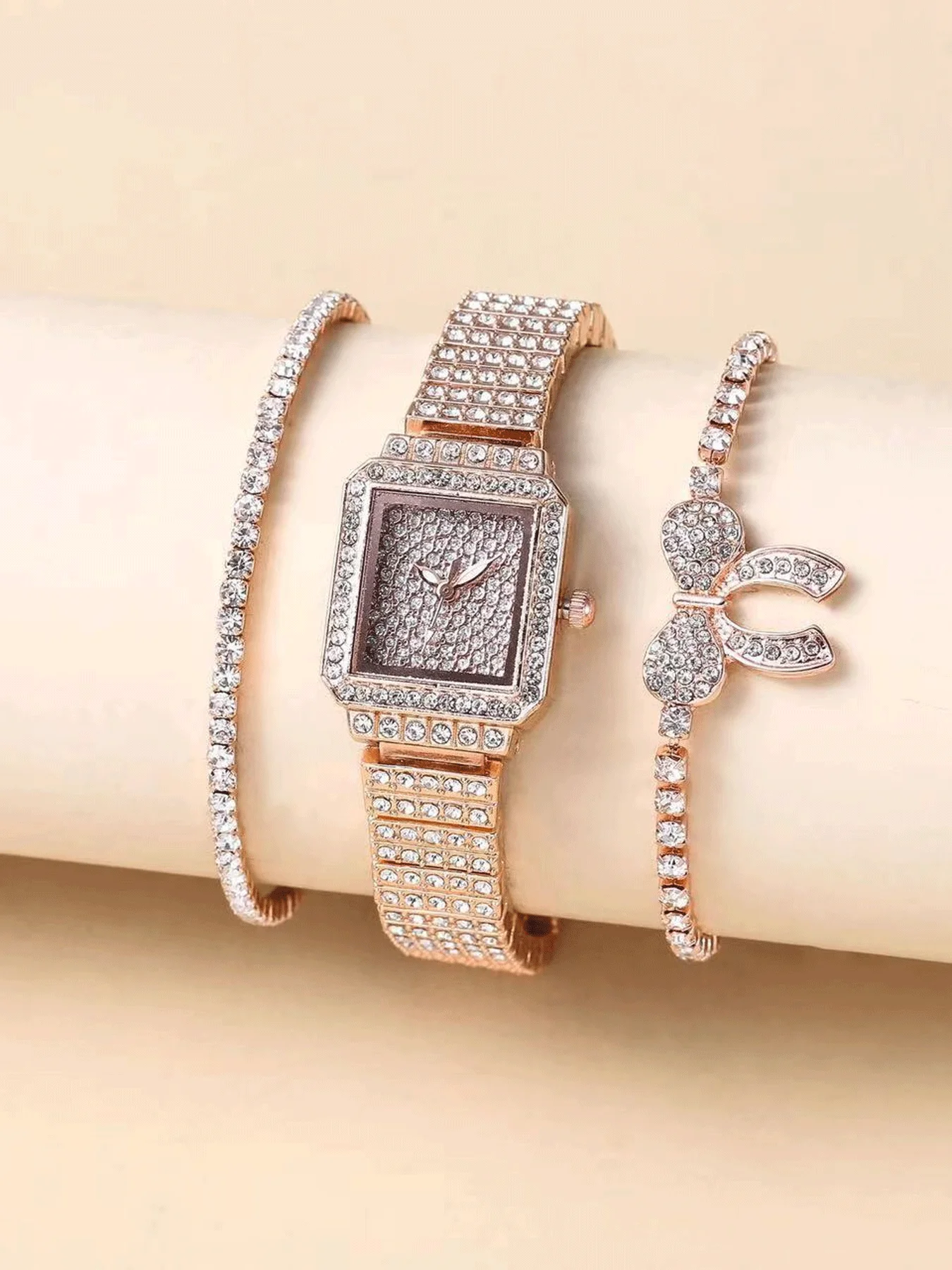 Ensemble de montre entièrement en diamant 3 pièces, montre à quartz carrée pour femmes, ensemble exquis de luxe léger