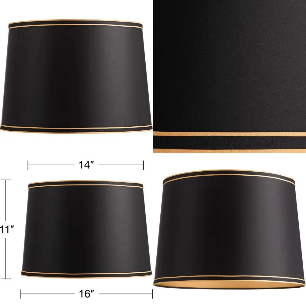 

Large Black Drum Lamp Shade with Gold Trim - 14 Top x 16 Bottom x 11 High, Replacement with Harp and Finial, Spider Fitter, Eleg