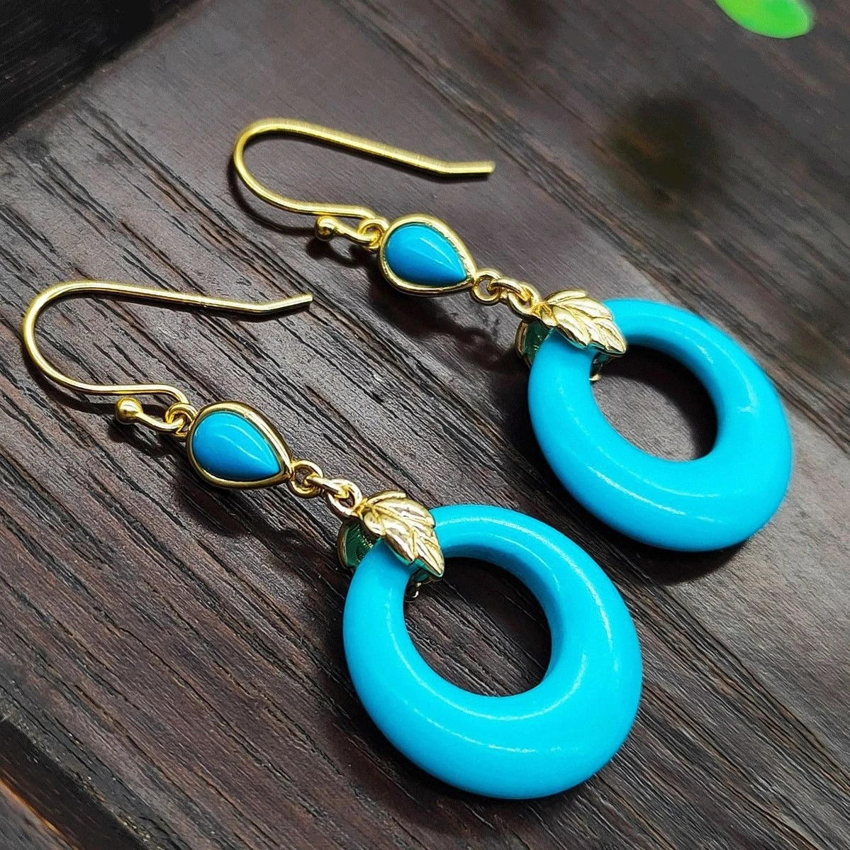 

Fashion 9k Solid Gold Turquoise Ear Hook Blue Gemstone Dangle Drop Earring For Women Semi-precious Stone Jewelry Dropshipping