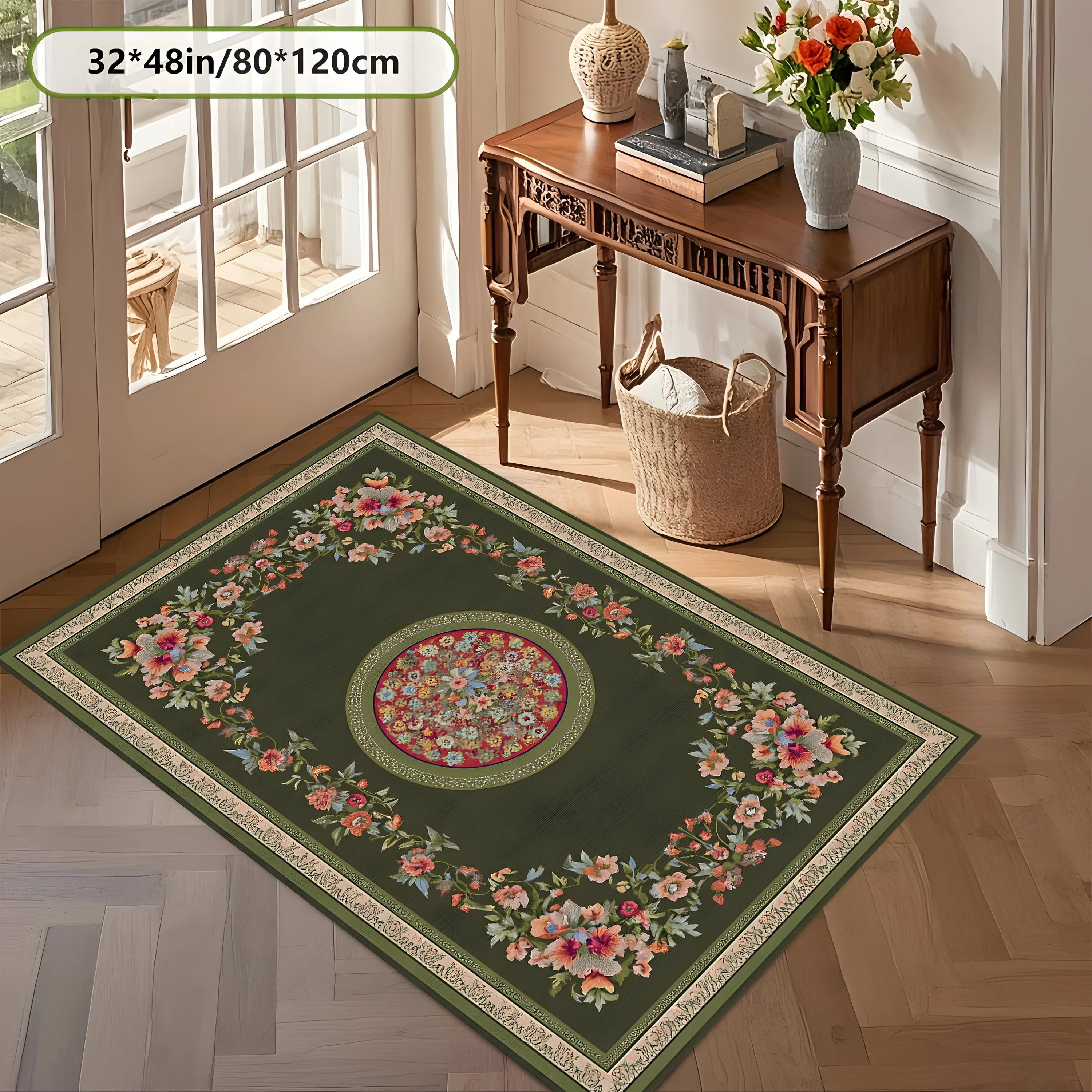 2D Carpet with Dark Green Rosette Border Floral Pattern in European Retro Style for Living Room, Bedroom, and Coffee Table Area