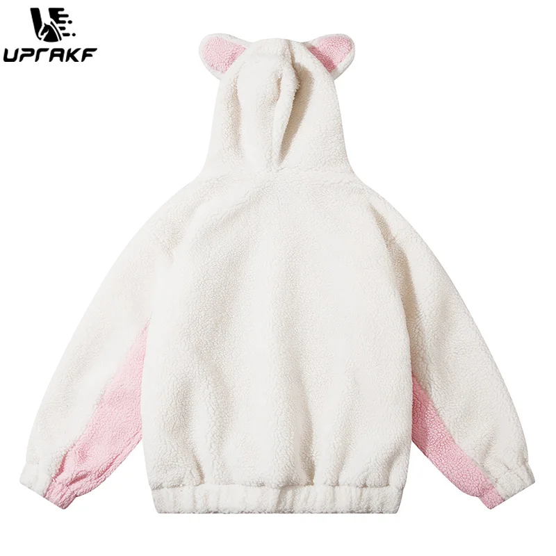 UPRAKF Cute Rabbit Warm Winter Long Sleeve Patchwork Outwear Chic Loose Zippers Pocket Coat Harajuku Fall Hoodie