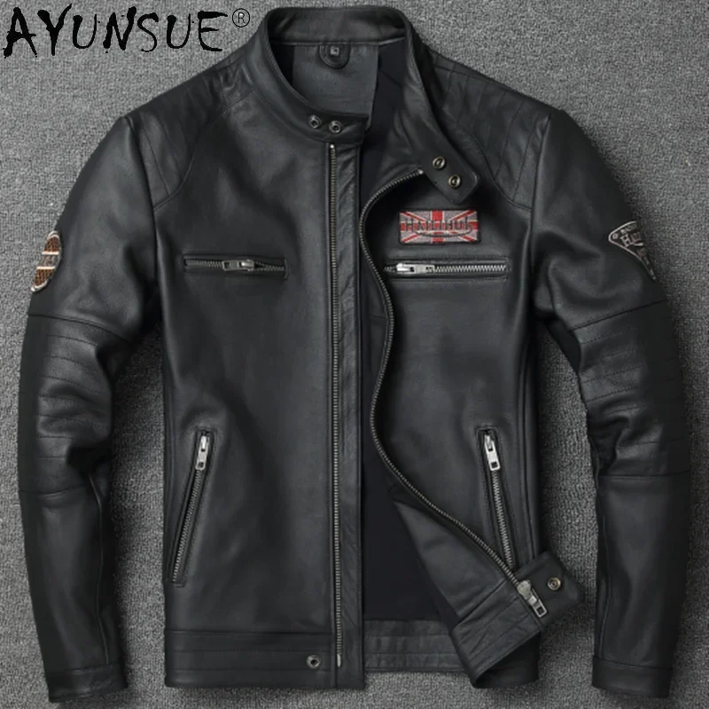 AYUNSUE Genuine Leather Jacket Men Vintage Natural Cowskin Coat Spring Autumn Harley Motorcycle Leather Retro Chaquetas Hombre