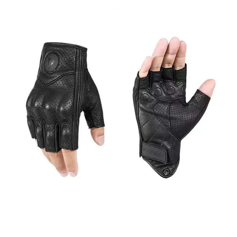 

Summer Half Finger Motorcycle Gloves Retro Black Leather Perforated Motorbike Motocross Fingerless Gloves Men Women Riding Glove