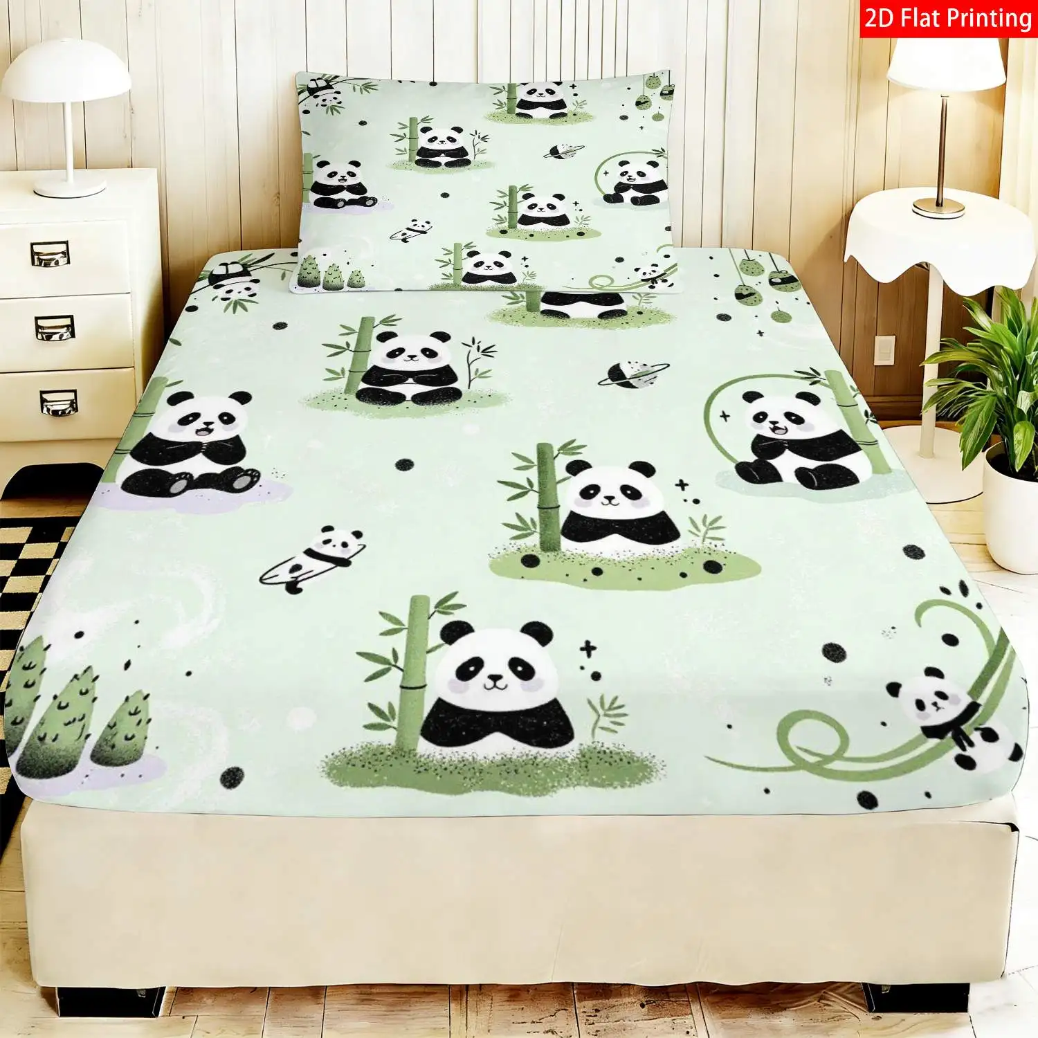 3-Piece Mattress Protector Set, 2D Flat Printed Fitted Sheet, Printed Fitted Sheet Set, Cute Panda Design, Home Bedroom Decoration, Holiday-Themed Fitted Sheet and Pillowcase, Mattress Protector, Stain-Resistant, Mattress Cover, Suitable for All Seasons, Machine Washable, Easy to Care For, Suitable for Home Bedroom, Essential for Dorms and Rentals, Master Bedroom and Guest Room Decoration, Dust-Proof and Stain-Resistant, High Elasticity, Fits Various Sizes