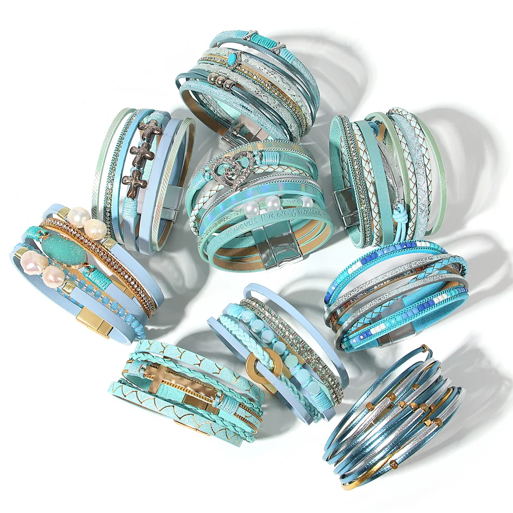 ALLYES Boho Multilayer Wrap Blue Leather Bracelets for Women Men Trendy Pearl Heart Feather Cross Bracelet Bangle Jewelry Gifts