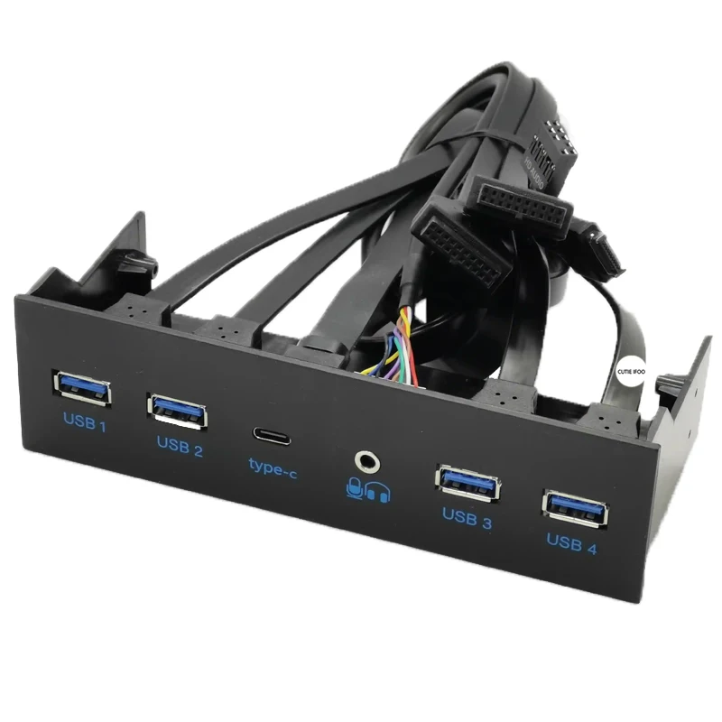 5.25Inch Chassis Front Bar Panel USB Hub with 4×USB3.0 Ports + 1×Type-c Port + 1×HD Audio Port 19Pin Extension Front Panel