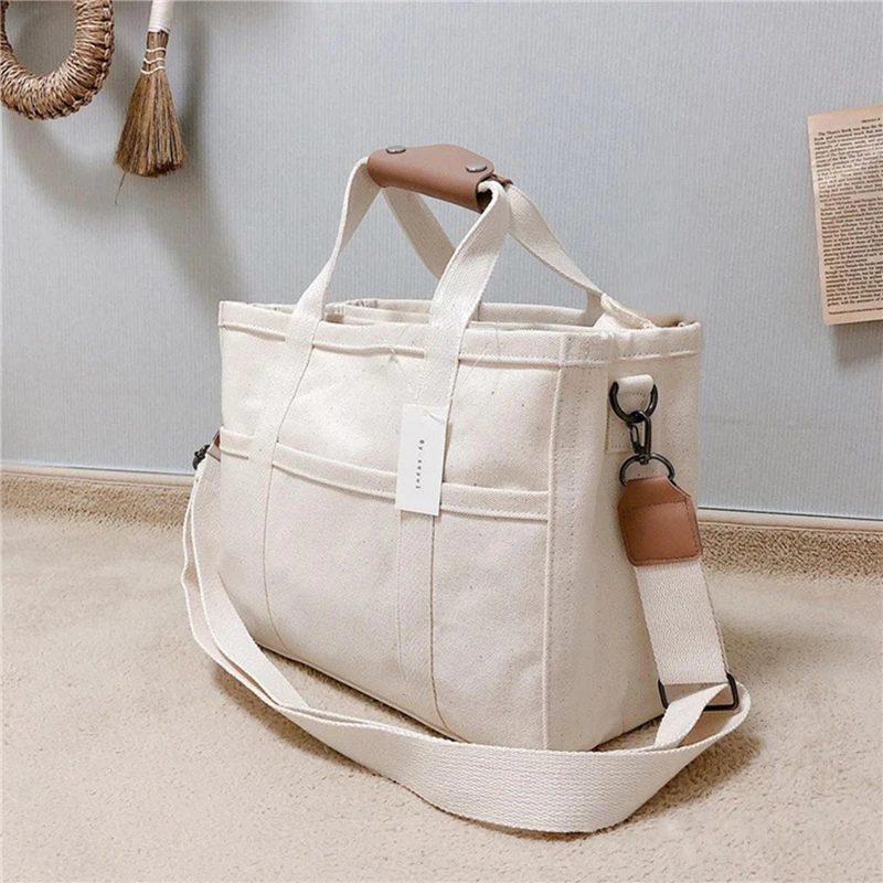 Trendy Multi-pocket Divider Canvas Tote Bag All-match Solid Color Shoulder Bag Perfect Casual Crossbody Bag For Commuting