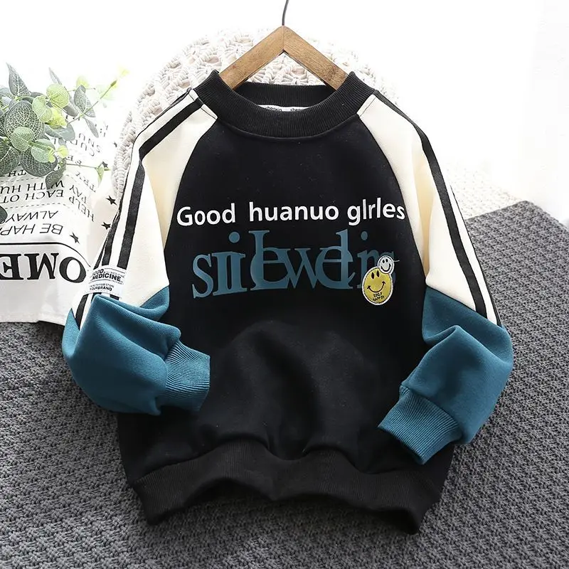 Boys Spring and Autumn Sweater 2023 New Fleece-lined Thick Upper Garment Medium and Big Children round-Neck Shirt Loose Fashion