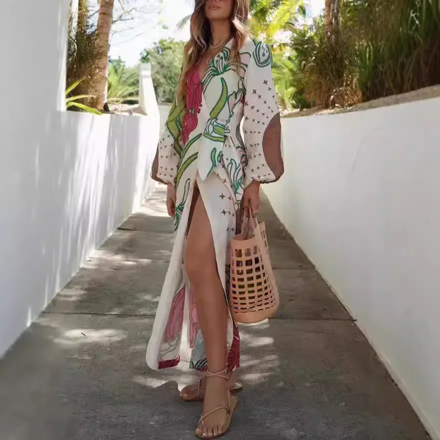 2025, bedrucktes Maxikleid für Damen, langärmelig, Urlaubs-Strand-Outfit, Gürtel, V-Ausschnitt, Knopfleiste, Boho-Urlaub, Kimono-Cardigan-Kleid