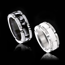 High Quality Wide Single Row Zircon Black And White Ceramics Rings For Man And Women Fashion Jewelry LR011