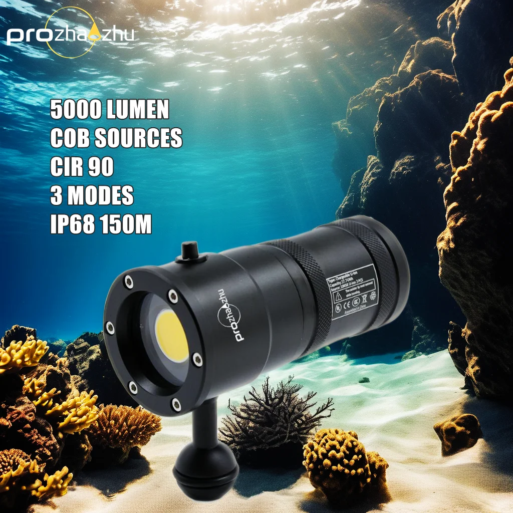 Luce per immersione video COB 5000 lumen IP68 ricaricabile 120 °   Ampia luce subacquea per illuminazione