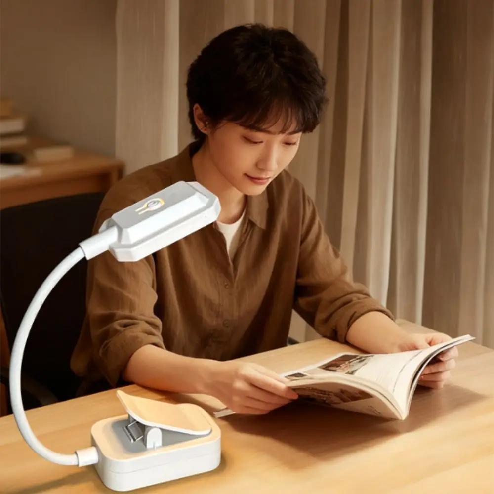 3 Modes LED Clip On Book Light Flexible Neck Three Color Temperatures USB Rechargeable Light Long Press Adjust White Shell