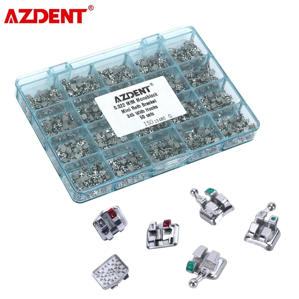 AZDENT 1000 PCS=50 Sets Dental Orthodontic Brackets Metal Brace MIM Monoblock Mini Roth MBT 022 018 With 345 Hooks