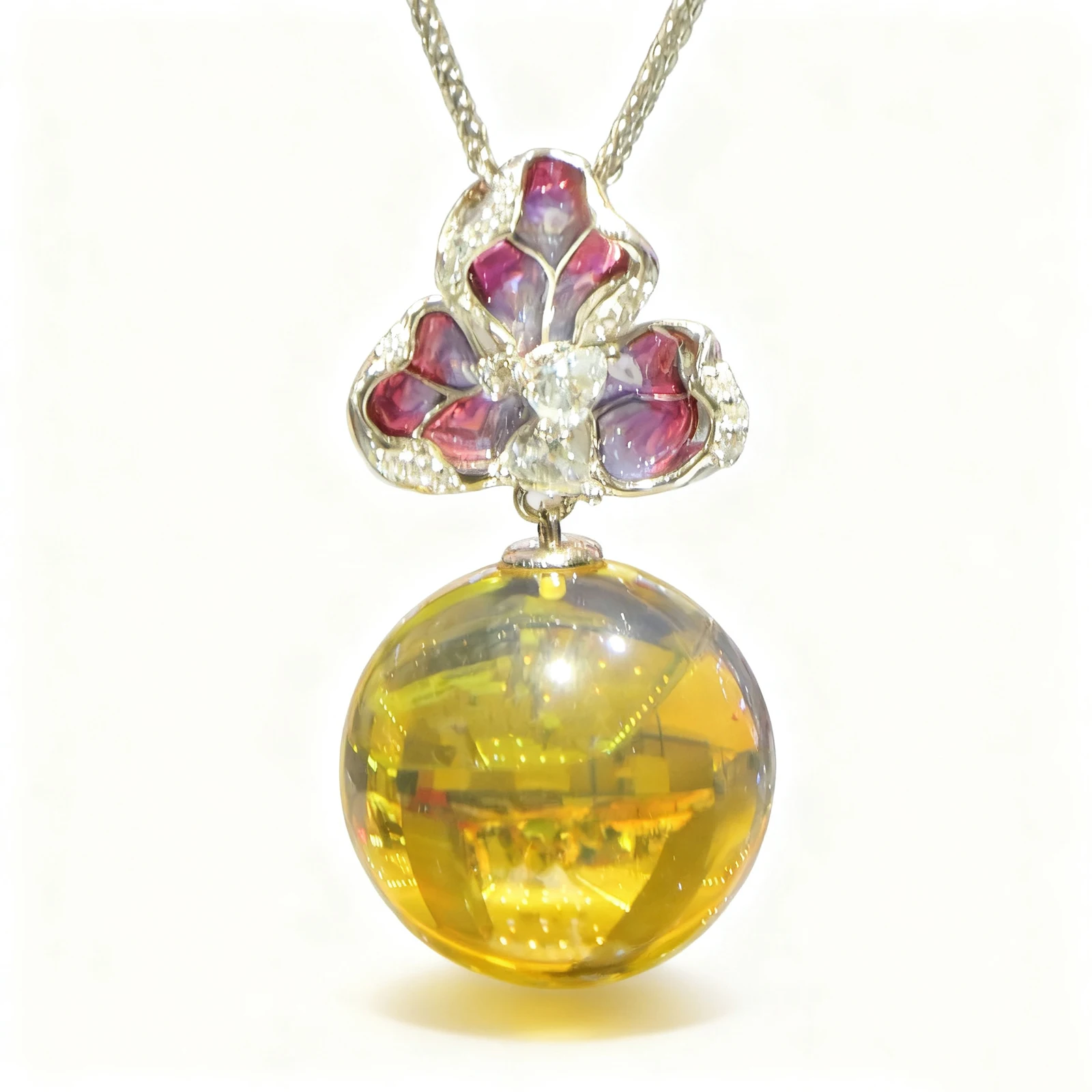 Natural Mexican Blue Amber Pendant 19mm Solid Silver Flower Pearl Necklace Vintage Enamel Clasp Art Nouveau Luxury Jewelry