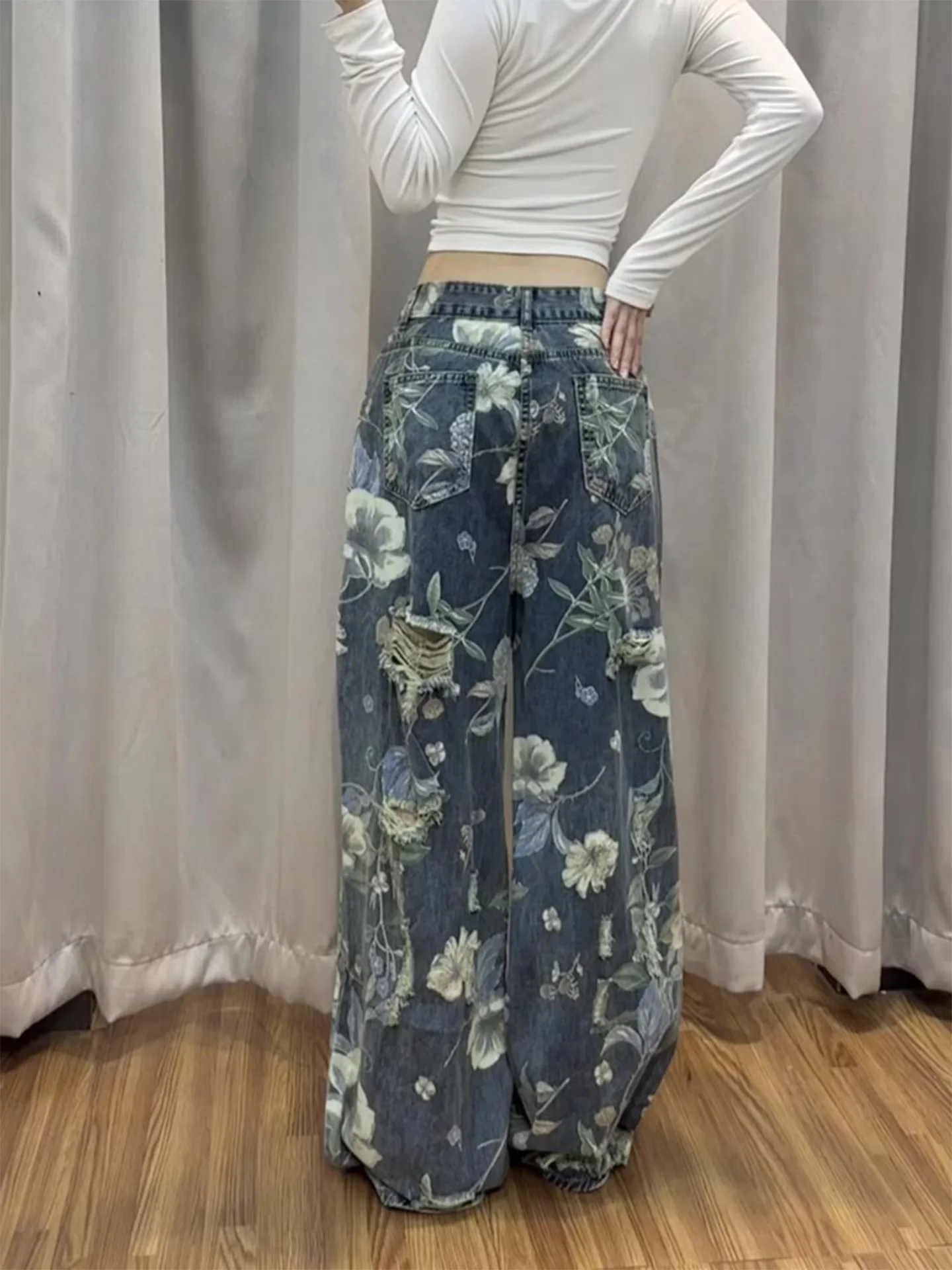 

plus Size High Waist Embroidered Hole Denim Jeans Women's Summer New Street Style Floral Embroidery Wide Leg Long Pants