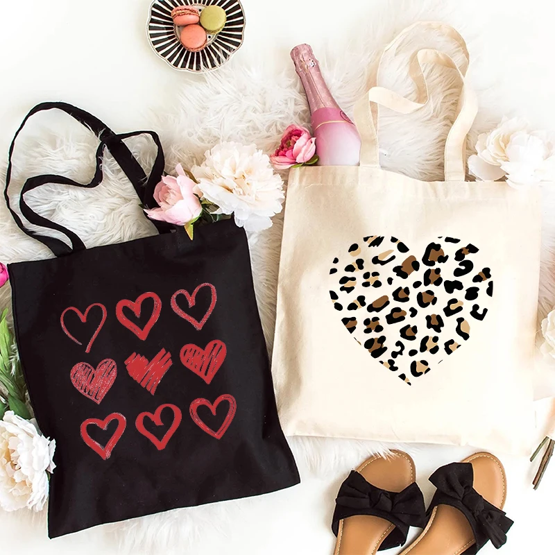 Fashion Love Heart Canvas Tote Bag for Women Valentine's Day Handbag Harajuku Shopper Bags Aesthetic Female Shoulder Bag