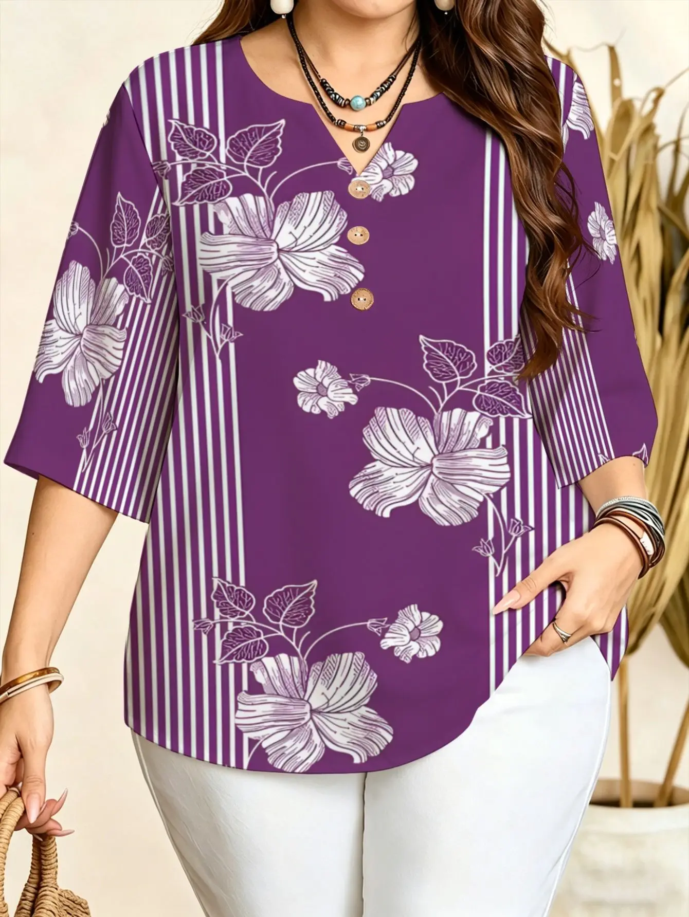Abstract Geometric Floral Lotus Print Blouses Notch V Neck Three Quarter Sleeve Soft Loose Plus Size Women Daily Office Shirts