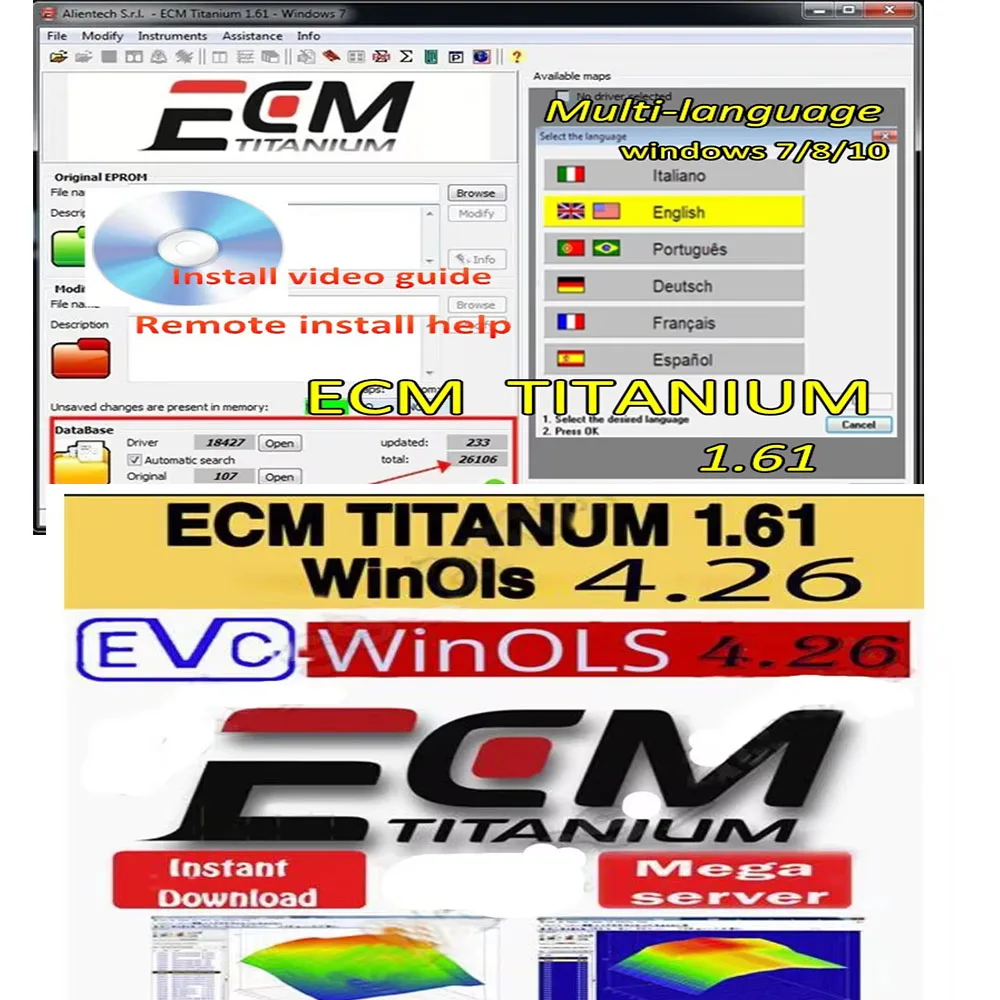 New ecm titanium V1.61 software with 26100 Driver ECU Training software+WinoLS 4.26 More Functions Auto ECU Chip Tuning Software