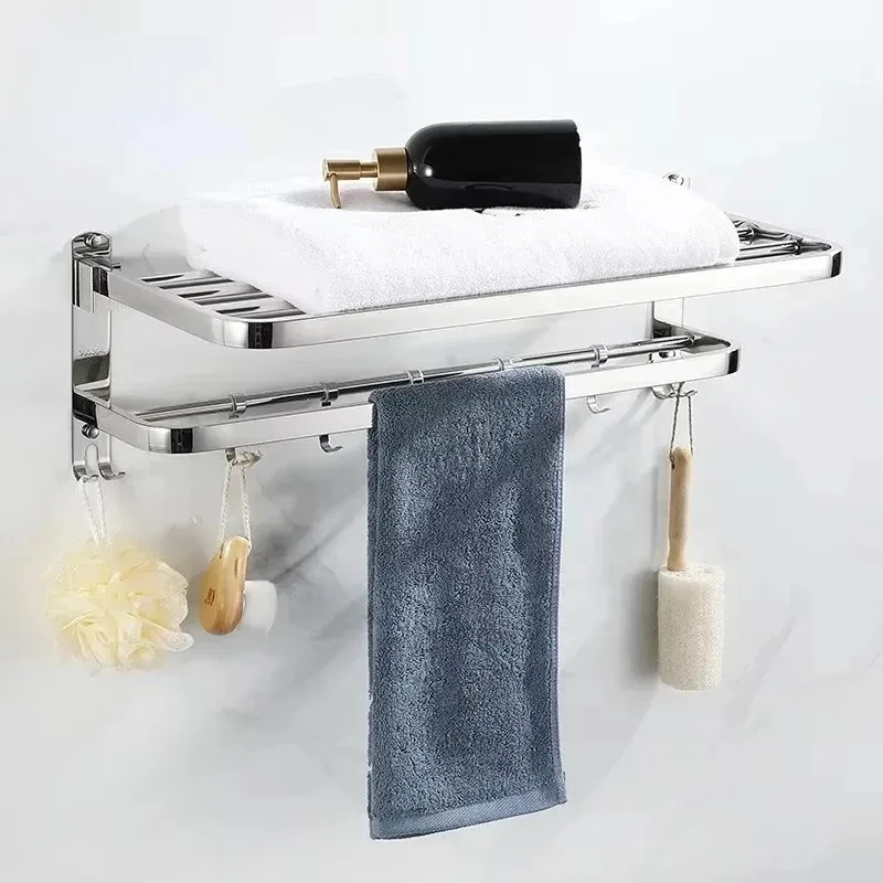 

304 Stainless Steel Towel Rack Bathroom Storage Rack Non Punching Foldable Bathroom Towel Storage Rack Bathroom Hardware Pendant