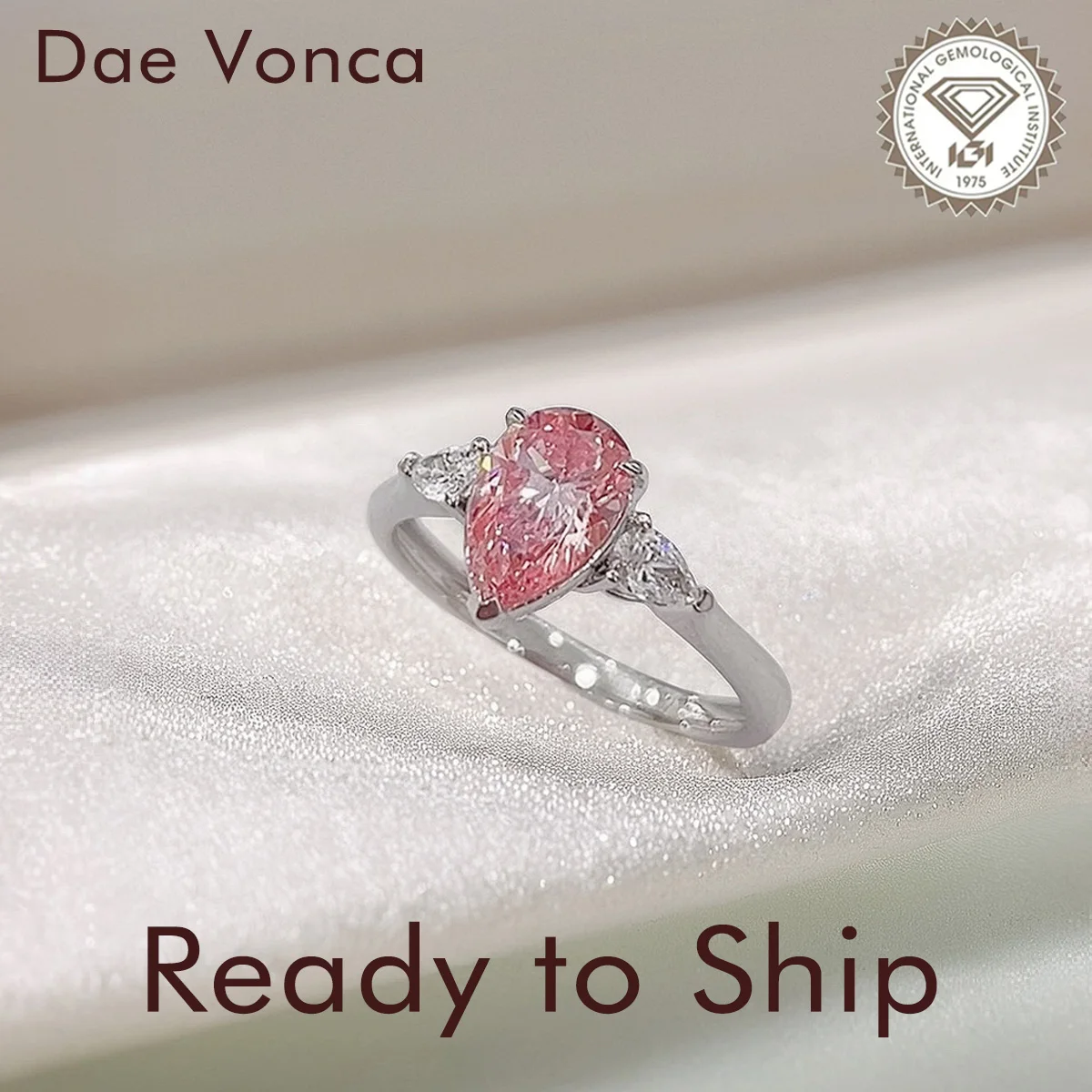 

Ready to Ship Three Stones 18K White Gold 1.0ct Pink Pear Shape Lab Diamond Classic Wedding Ring for Women