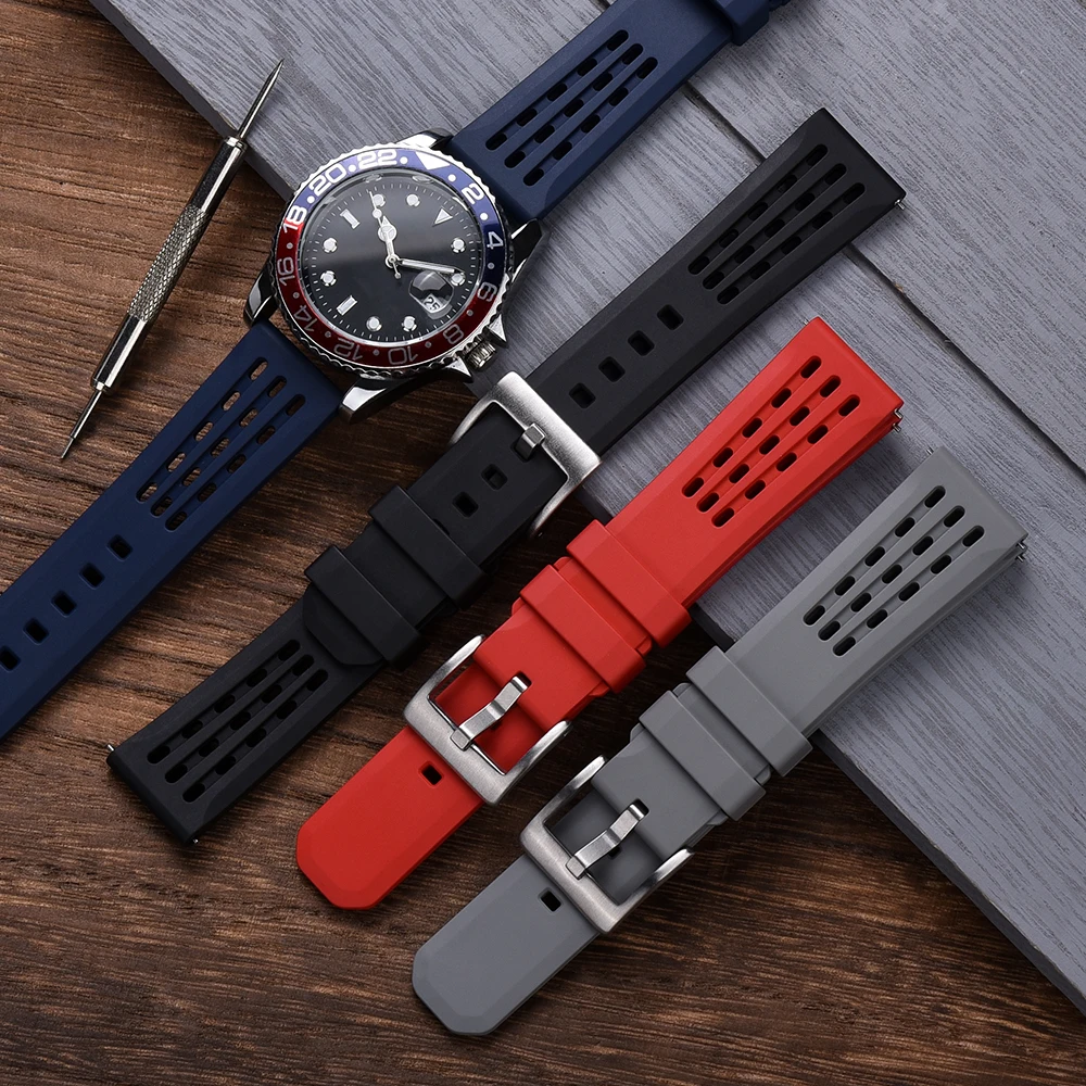 High Quality Quick Release Fluorine Rubber FKM Watch Strap 20mm 22mm New Design Porous Structure Ventilate FPM Rubber Watchbands
