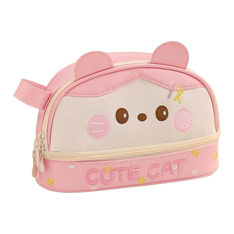 Cute Cat Face Pink Black Pencil Case PU Leather Zipper Bag Stationery Organizer School Pouch Cosmetic Storage Gift Box Sweet Col