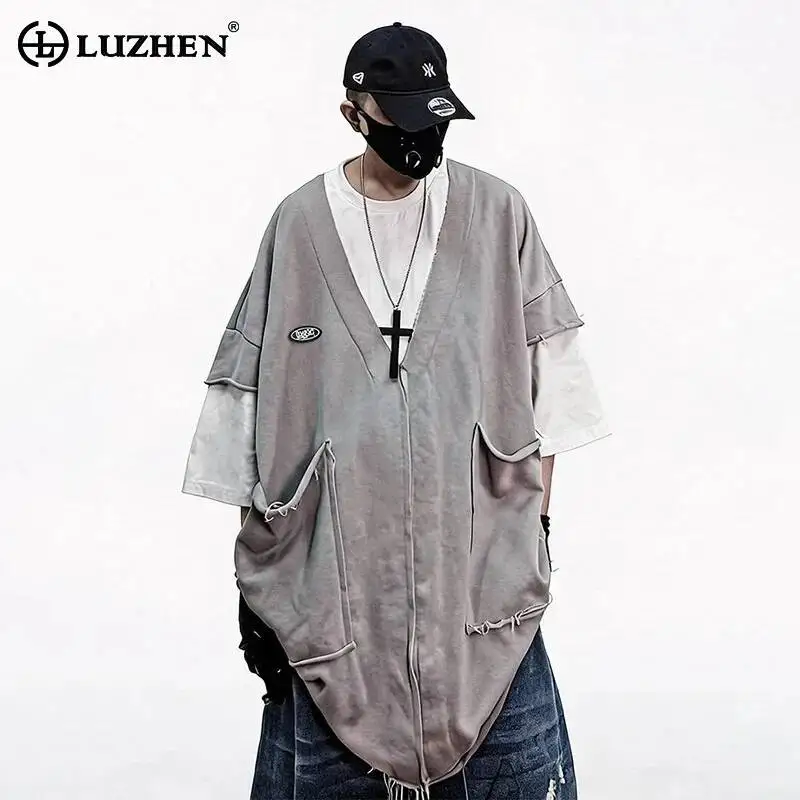 LUZHEN 2026 Summer Hip-Hop Trendy Original Fake Two-piece Oversized Short-sleeve T-shirt Men's Handsome Baggy Casual Tops JY7428