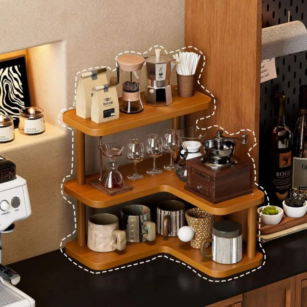 Multi-tier Corner Desktop Shelf Wood Grain Finish Tiered Structure Kitchen Countertop Organizer Rounded Edges Space Saving