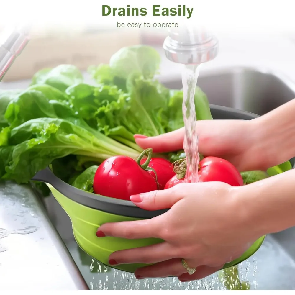 Green Single-Piece Collapsible Silicone Strainer - Multi-Purpose Colander for Pasta Fruits Vegetables Kitchen Travel - Detail 1