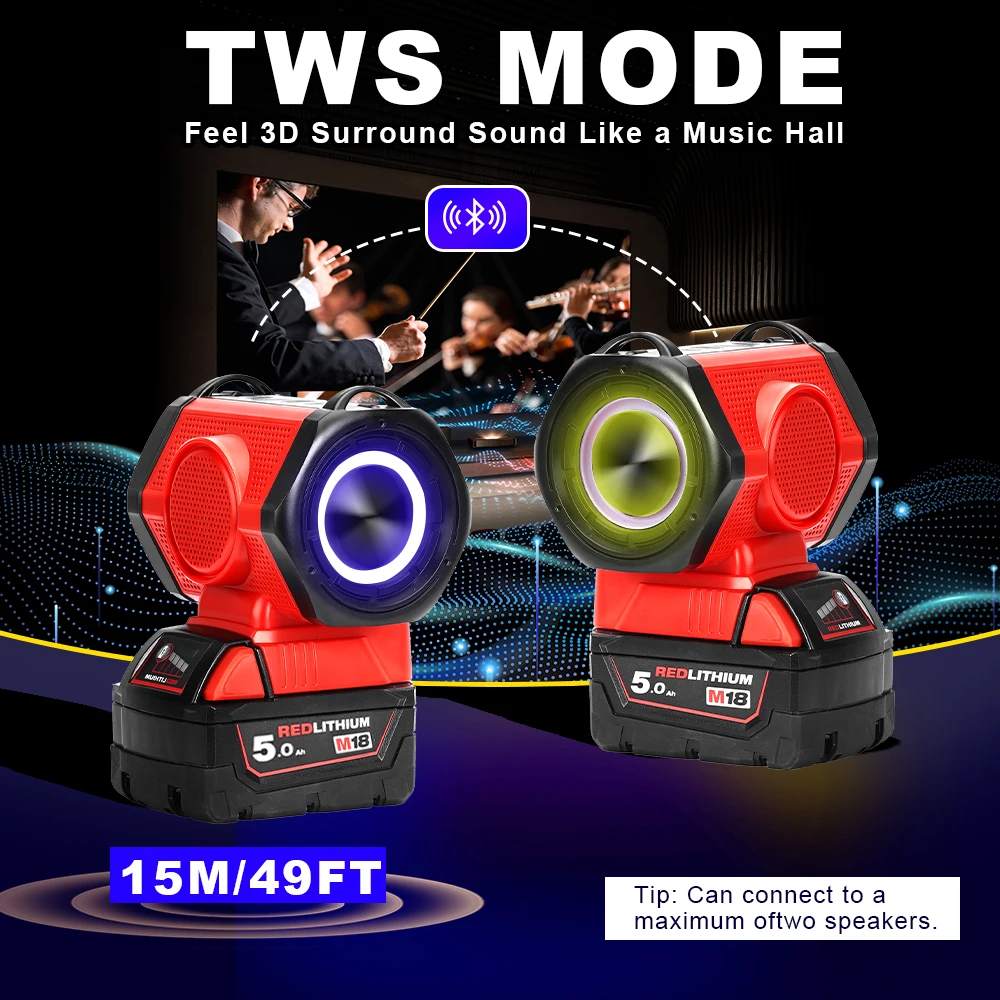 مكبر صوت بخاصية البلوتوث قابل للنقل لميلووكي 18 فولت مشغل بطارية ليثيوم مكبر الصوت مع منفذ USB من النوع C تهمة للتخييم #6