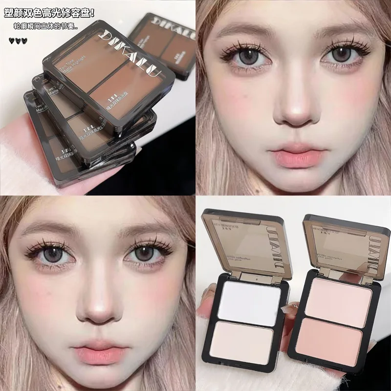 2 in 1 Highlighter Contour Powder Palette Matte Shimmer Finish Sweat Proof for Face Brightening Nose Shadow Eye Corner Makeup