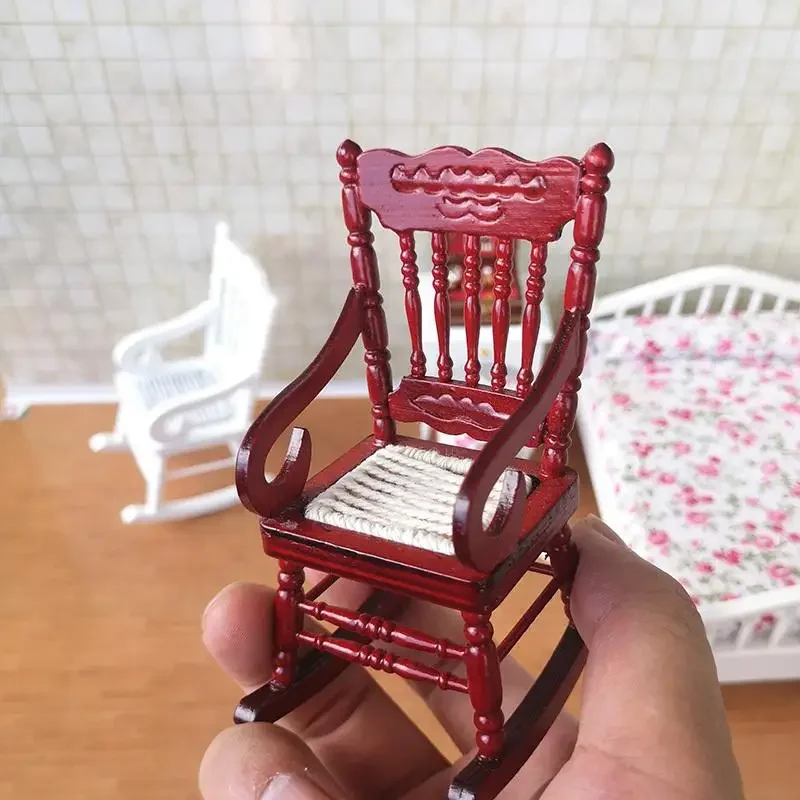 1pcs 1:12 Scale Dollhouse Miniature Furniture Wooden Rocking Chair Hemp Rope Seat For Dolls House Accessories Decor Toys