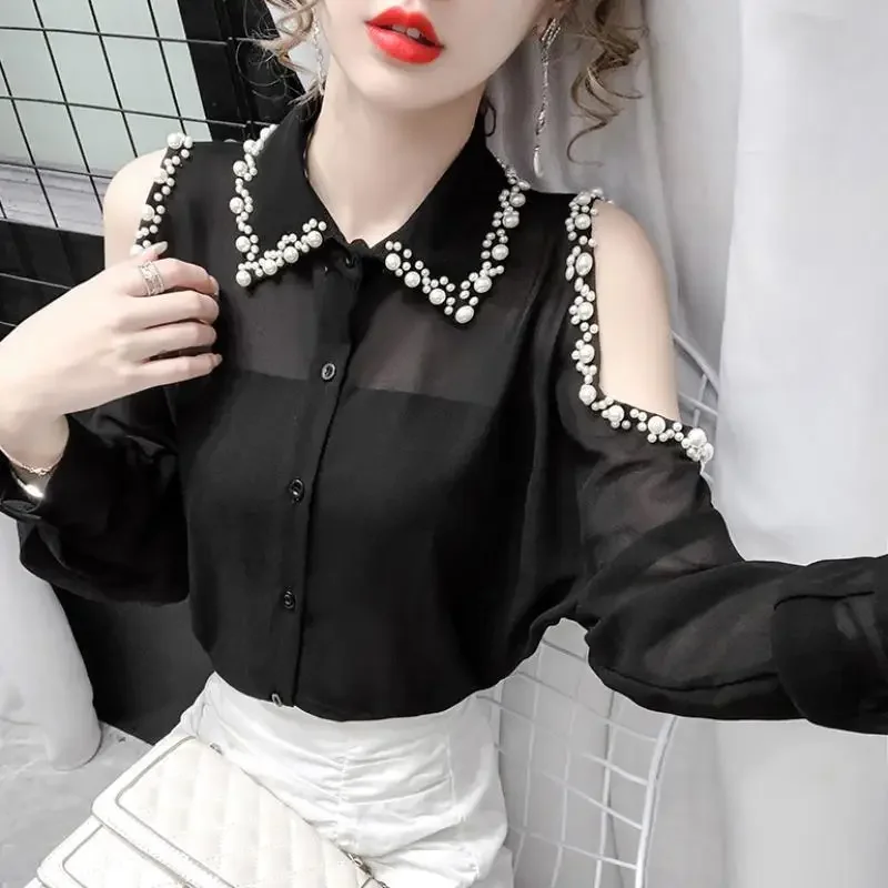 Women Summer Fashion Trend Loose Chiffon Polo-Neck Long Sleeve Shirts Women Clothes Casual Embroidered Flares Strapless Tops