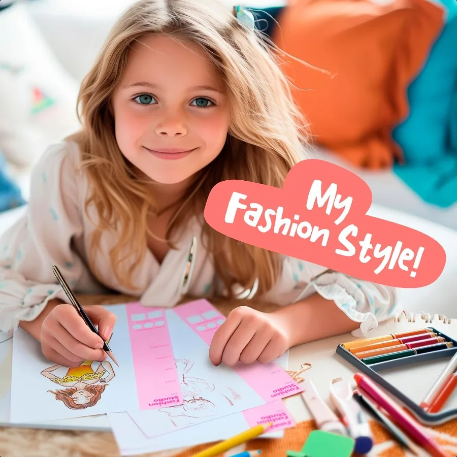 : KidzMaker: My Design Portfolio Fashion Studio Design Draw Outfits Mix Max Pattern Rubbing Plates Travel Case Arts Craft Set 5