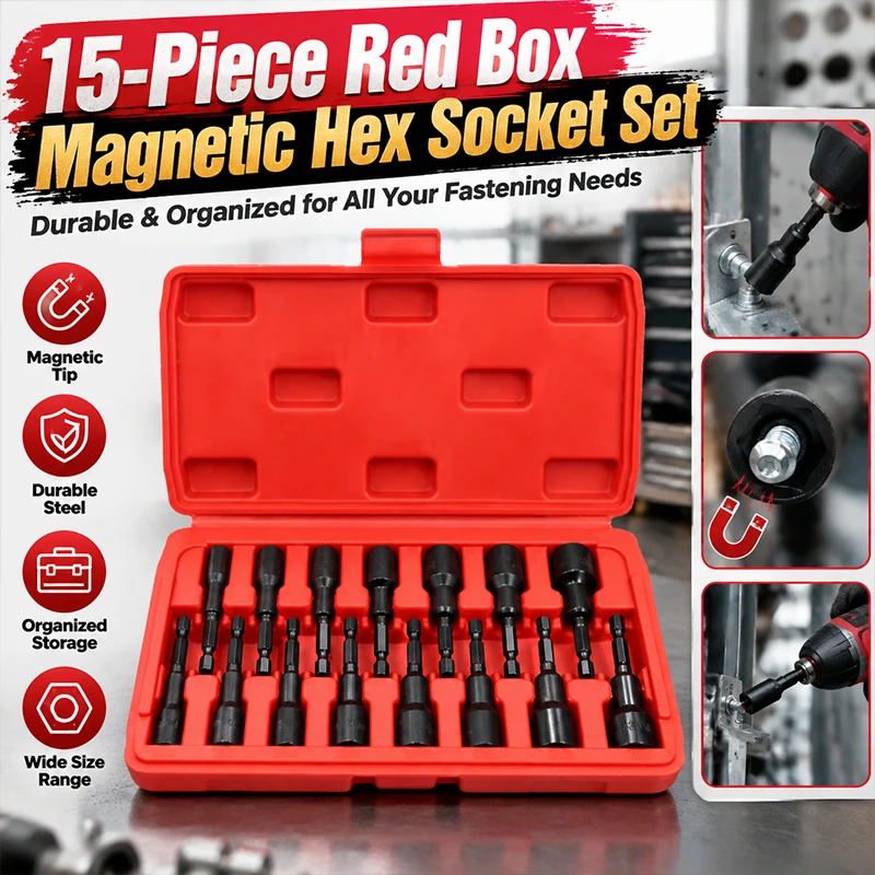15pc Magnetic Nut Driver Socket Set Cr-V Steel 1/4 Inch Hex Shank Metric SAE 6-14mm Auto Repair Tool Red Case