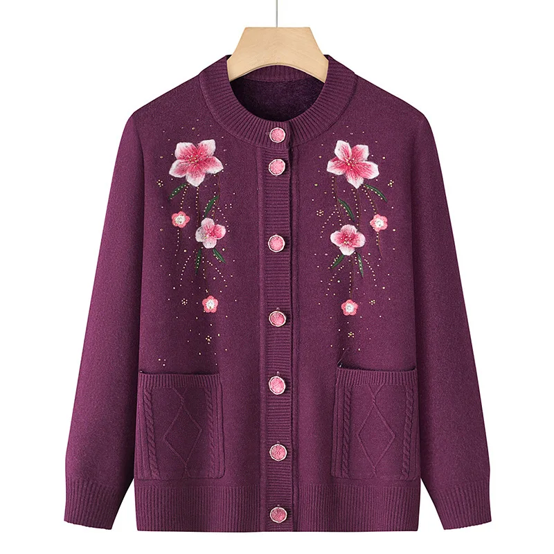 Cárdigan de lana de una pieza para mujer, suéter, chaqueta de mediana edad, ropa cálida bordada para madre, suéter de punto con cuello redondo, Tops de invierno