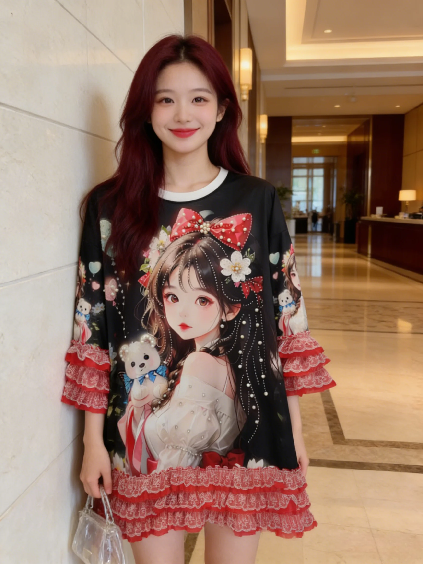 Age Reduction Cartoon Printing Summer Princess Dress Mid-long T-shirt Round Neck Elegant Lace Splicing Half Sleeve Sweet Tops