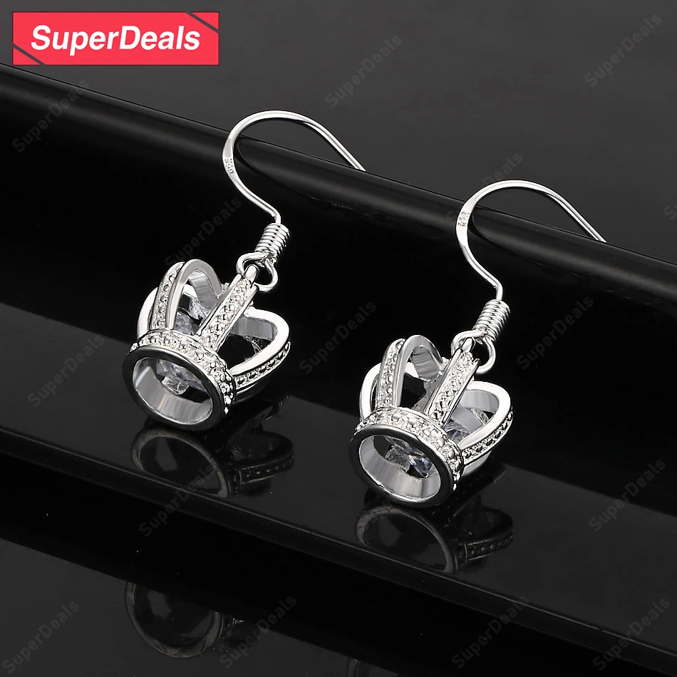 

SuperDeals 925 Sterling Silver Zircon Crown Drop Earring Women Engagement Wedding Party Anniversary Gift Noble Luxury Jewelry