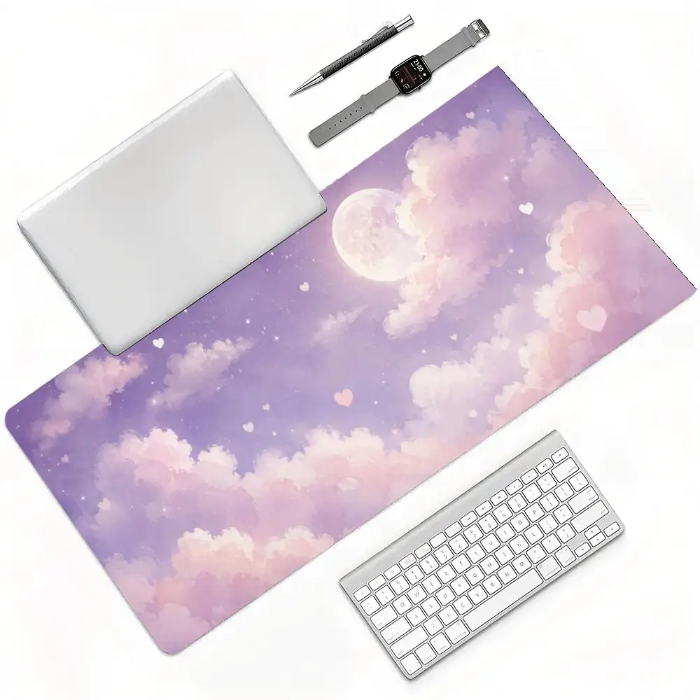 Pastel Purple Pink Full Moon Starry Sky Heart Cloud Shooting Star Aesthetic Gaming Mouse Pad Stitched Anti Slip Desk Mat